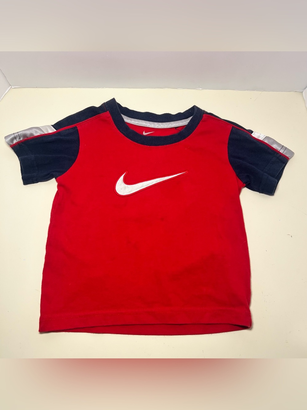 Vintage Nike Swoosh Toddler Tee Shirt Red Retro Sport Core Y2k Arm Stripe Navy